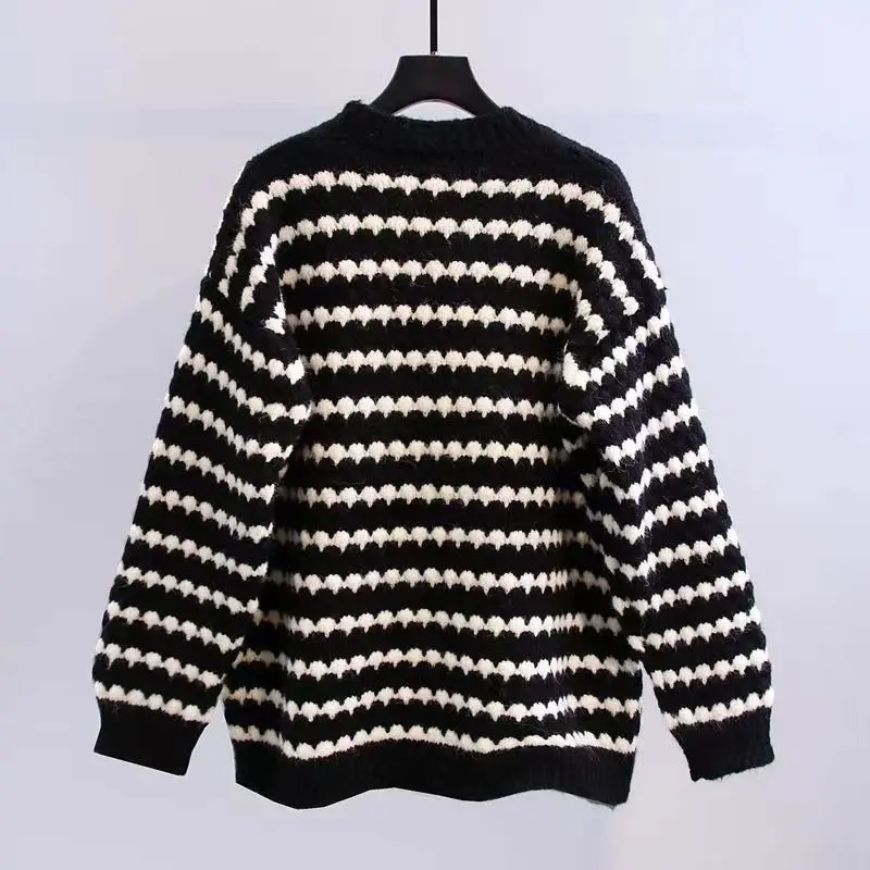 Korean Chic Elegant Women's Cardigan V-Neck Long Sleeve Top Stripe Sweater Vintage Black Coats & Jackets Loose Office Lady's Top