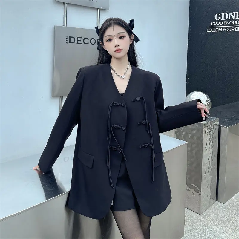 

UNXX 2023 New Retro Chinese Style Black Lapel Blazer Jacket for Women Loose Casual Fashionable Suit High Quality Female Lady Top