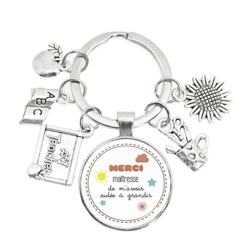 Merci Maitresse 유리 카보 숑 열쇠 고리 25mm 감사합니다 DIY 해바라기 펜던트 보석 만들기 열쇠 고리 교사의 날 보석 선물