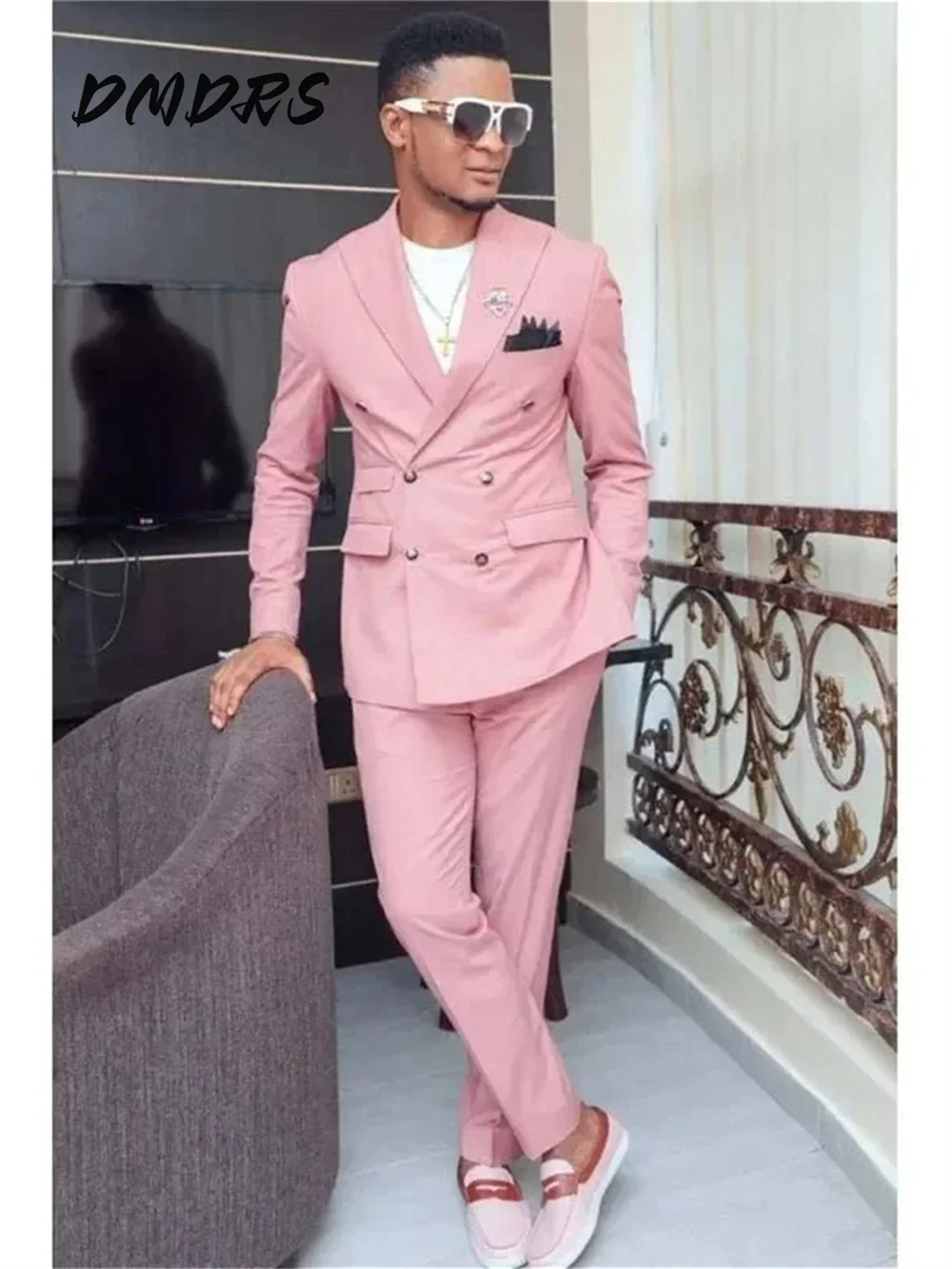 Men Wedding Suits Double Breasted Peak Lapel Blazer 2 Piece Jacket Pants Set