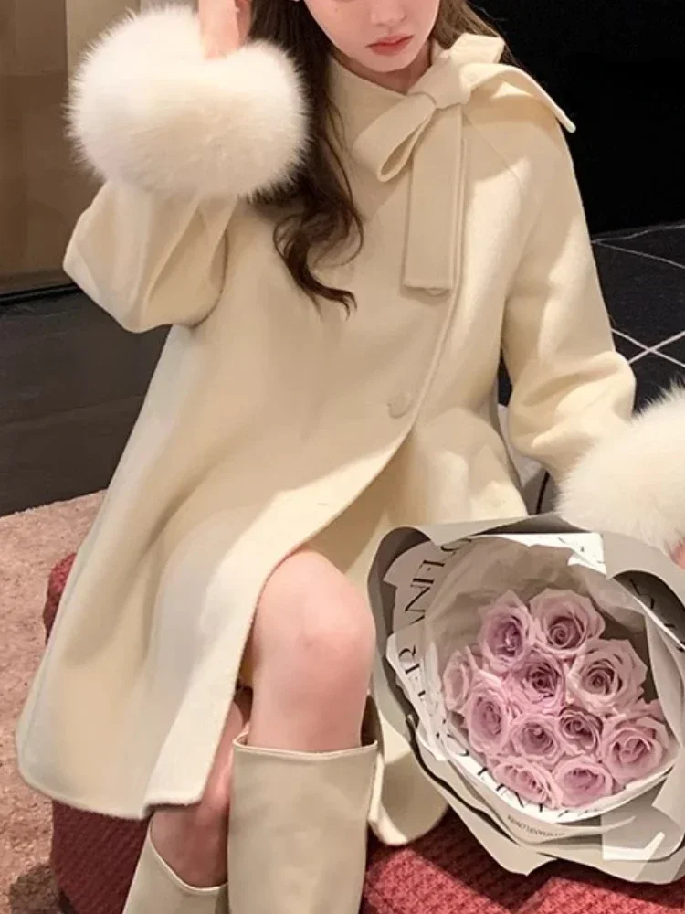 Japanese Elegant Loose Warm Coat Women Bow Casual Solid