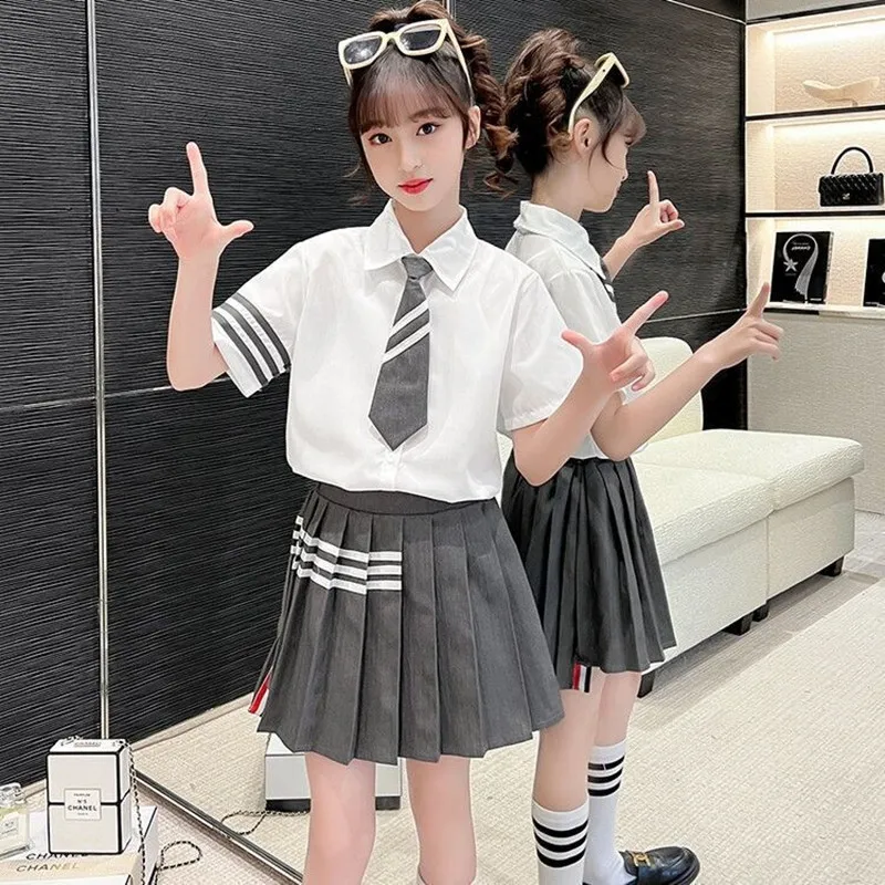 

2022 Summer Children Big Kids School Students Clothes Girls College Style Jk Uniform Pleated Skirt + Short Sleeves Shirts + Tie