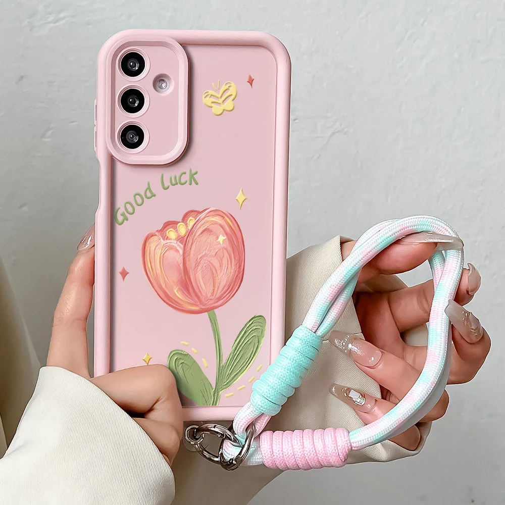 Elegant Pink Tulip Phone Case with Wrist Chain Lanyard Cover