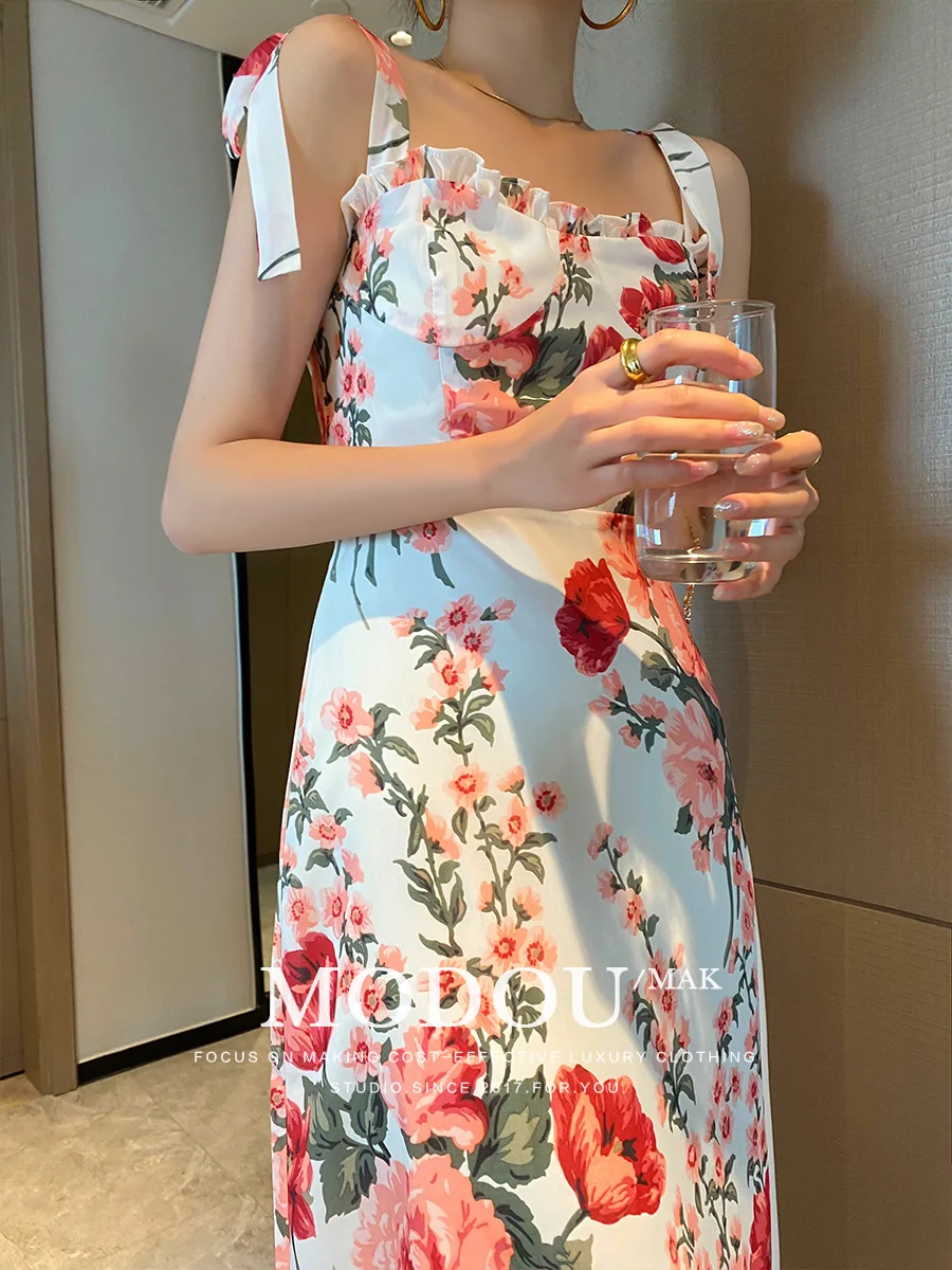 

Flower Printed Elegant Spaghetti Strap Dress Women Sleeveless Backless Mid Calf Vintage Dresses Slim Fit Bodycon A-line Vestidos