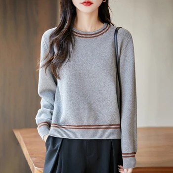 Autumn and winter women's 100% pure cotton sweater casual O-neck knitted pullover loose color matching hot selling women's top