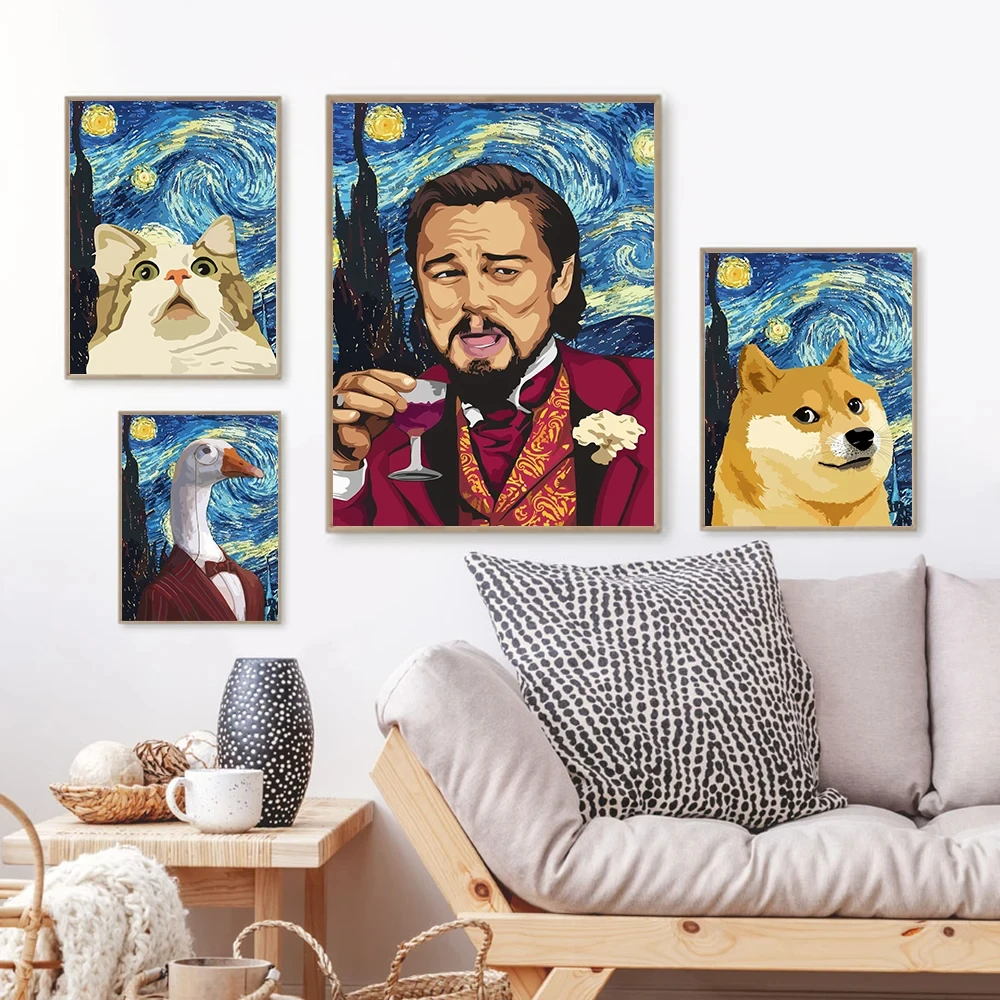 

Funny Dog Starry Night Van Gogh Canvas Painting Abstract Print Cat German-Duck Poster Wall Art Pictures Home Decoration Cuadros