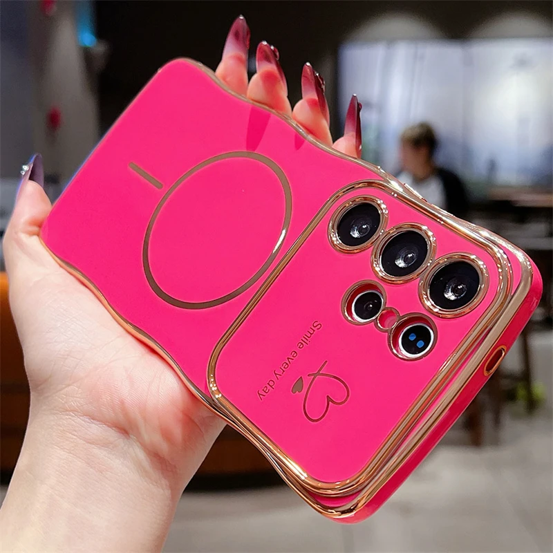 Love Heart Wavy Plating Phone Case with Magnetic Wireless Charging Cover