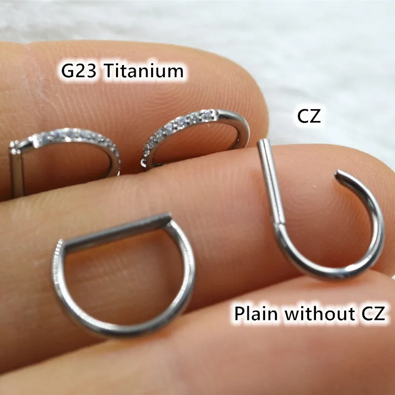

10pcs G23 F136 Titanium CZ Plain D Ring Nose Hoop Septum Clicker Ring Earring Lip Ear Tragus Helix Cartilage 16G Body Piercing