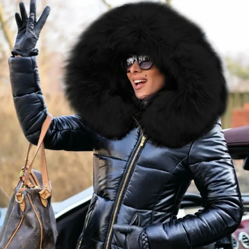 Cotton Padded Coat 2022 New Coat Ladies Short Winter Warm Down Cotton Hooded Fur Collar Jacket Women's Black Faux Fur Coat