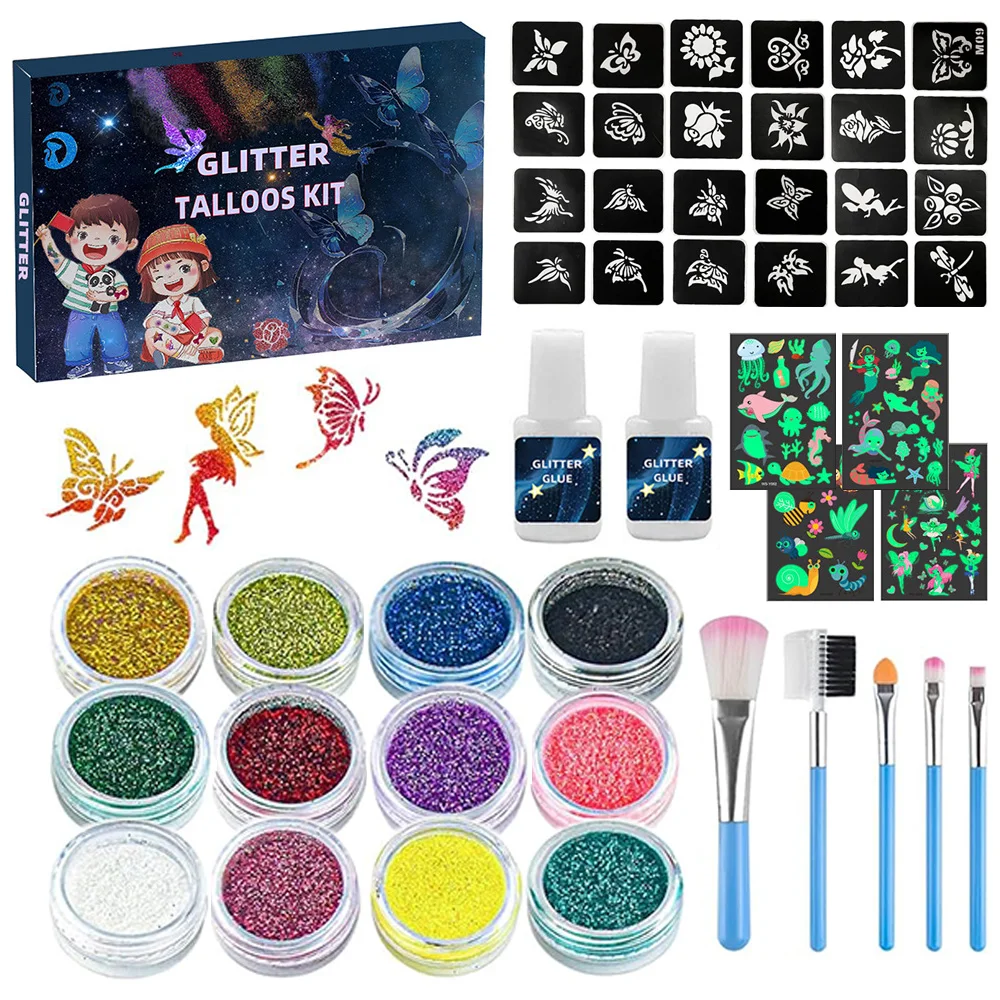 12 Color Temporary Glitter Tattoo Kit for Kid with 24 Stencils Adults Girls Boys Arts Glitter Make Up Kit Beautiful Holiday Gift - AliExpress 