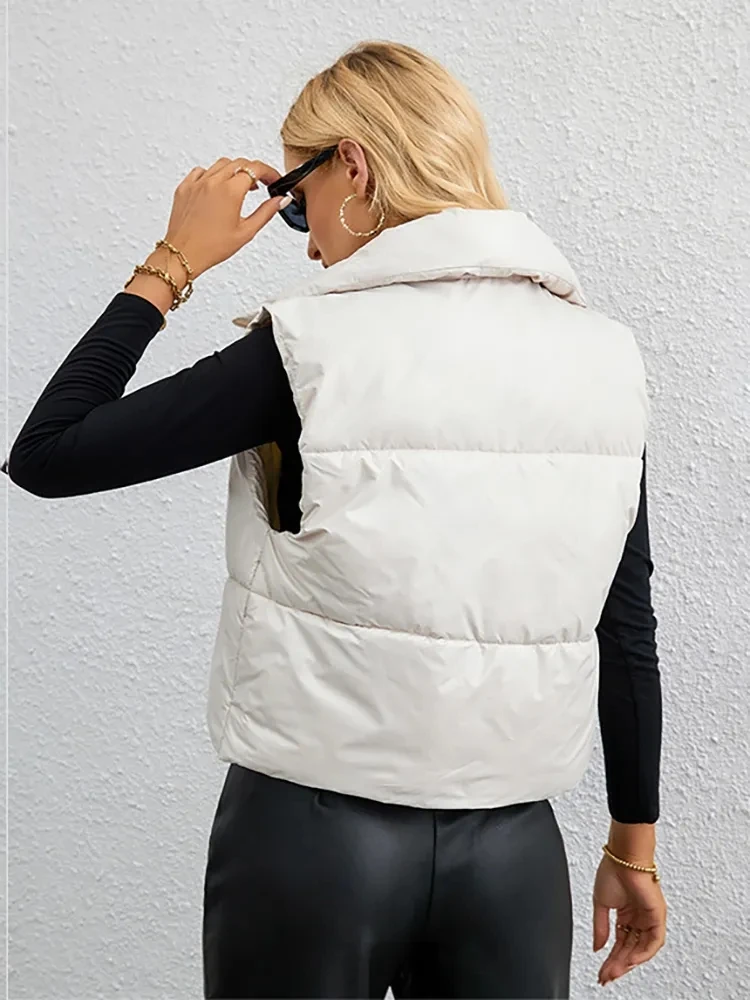 2024 New Cotton Padded Vest Women Autumn Winter Waistcoat Zipper Sleeveless Jacket Female Stand Collar Short Warm Outwear