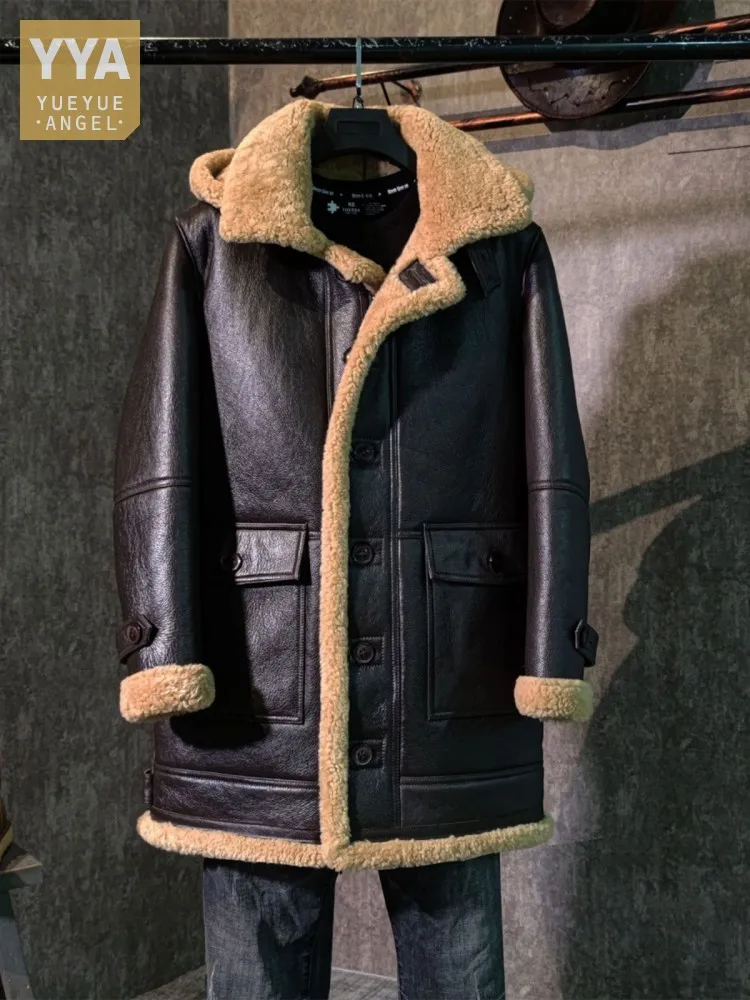 

Winter Mens Hooded Mid Long Warm Wool Lining Overcoat Genuine Leather Real Fur Jacket Original Ecological Shearling Trench Coat