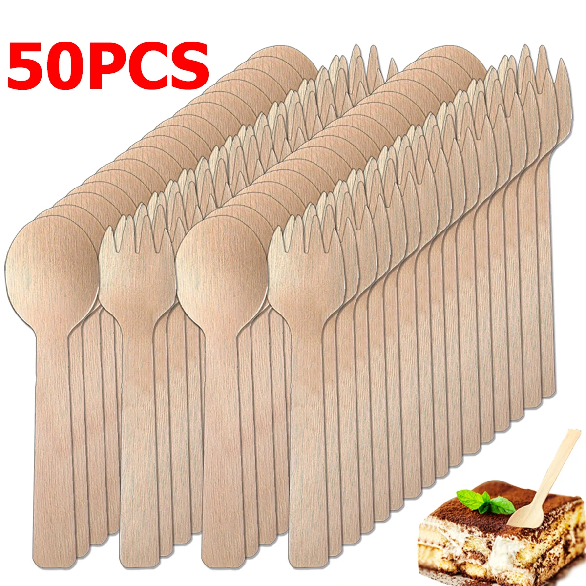 50pcs Disposable Wooden Spoon Fork Environmentally Friendly Suitable for Wedding Birthday Camping Restaurant Kitchen Supplies