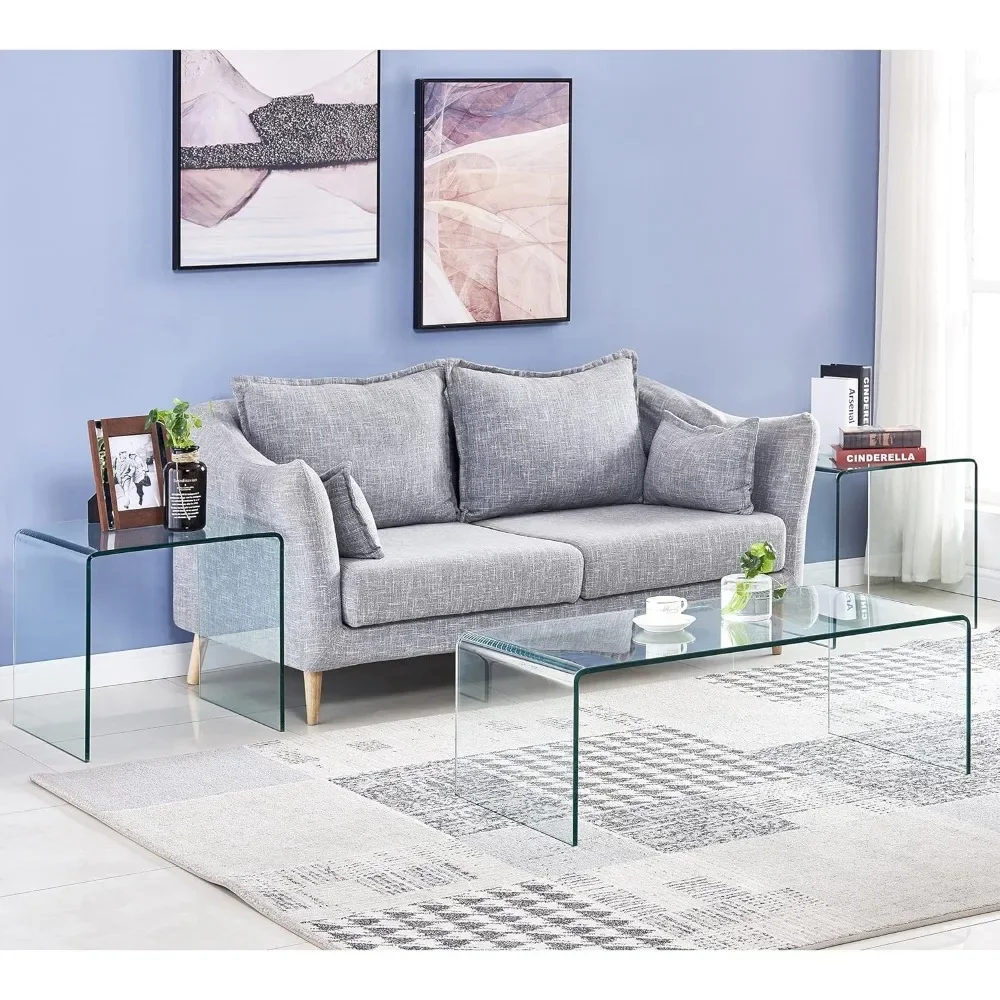 Glass Coffee Table, Modern Clear Tempered Glass Coffee Table for Living Room, Easy to Clean and Safe Rounded Edges