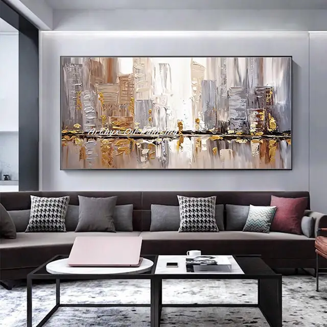 Arthyx, peinture à l'huile sur toile de paysage de ville abstraite de bâtiment doré fait à la main, grande image d'art mural pour la décoration de la maison du salon 3