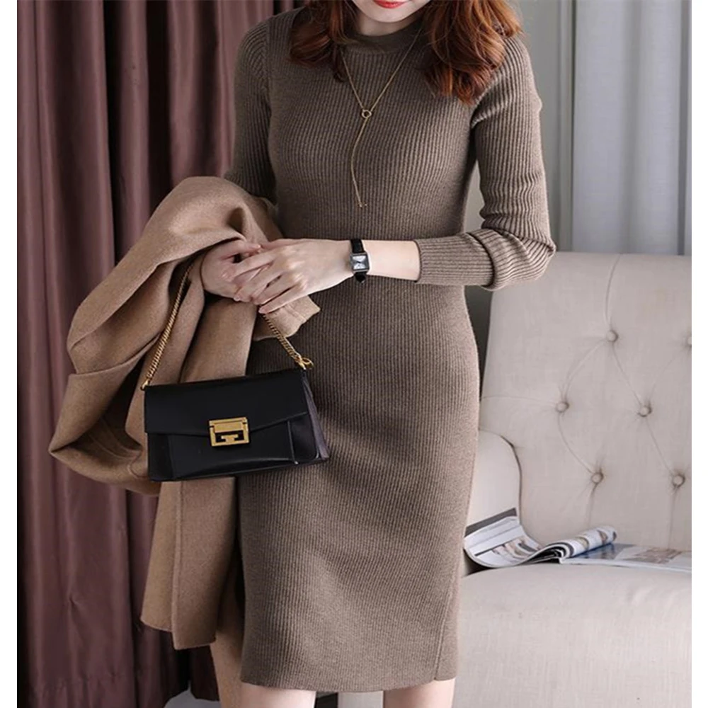 

Winter Knitted Solid Dress Women's Casual Knee Length Dress Comfortable Round Collar Long Sleeve Slim Short Dress Female Clothes