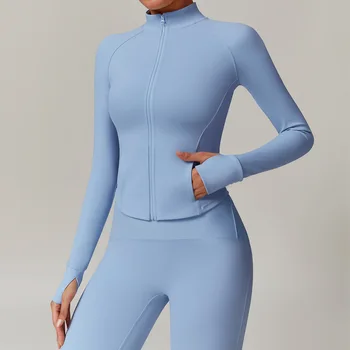 Women Long Sleeve Sports Jacket with Pockets Yoga Shirt Quick Dry Gym Top Sunscreen Sportswear Running Coats Zip Fitness Clothes