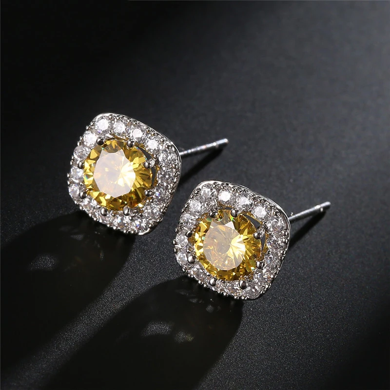 ZAKOL Classic White Square CZ Stud Earrings For Women Exquisite Round Cubic Zirconia Crystal Ear Jewelry Gift