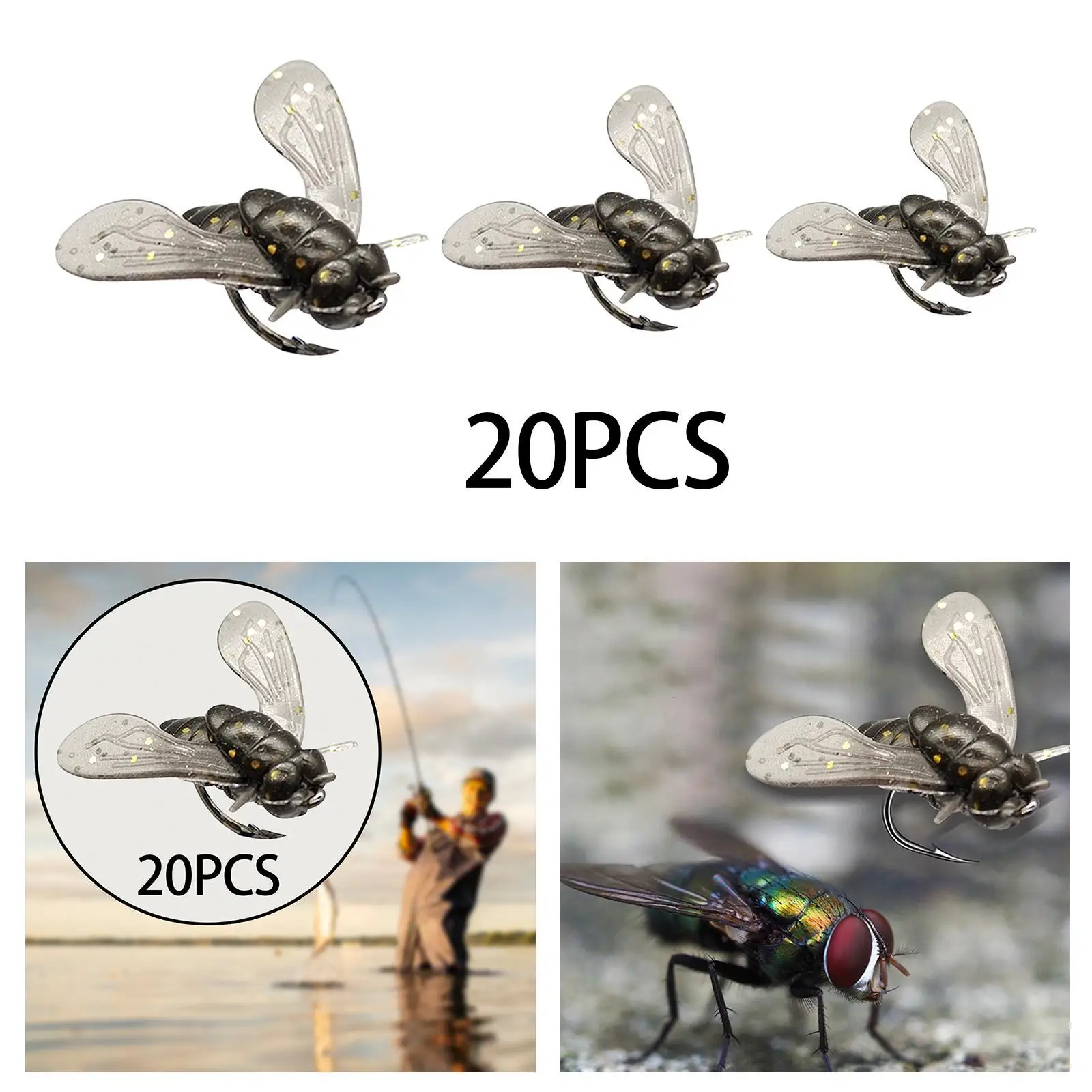 20x Fly Fishing Flies Simulation Fast Sinking Dry Baits Wet Nymph Fly Metal with Hook for Crappie Trout Snapper Bluegill Salmon