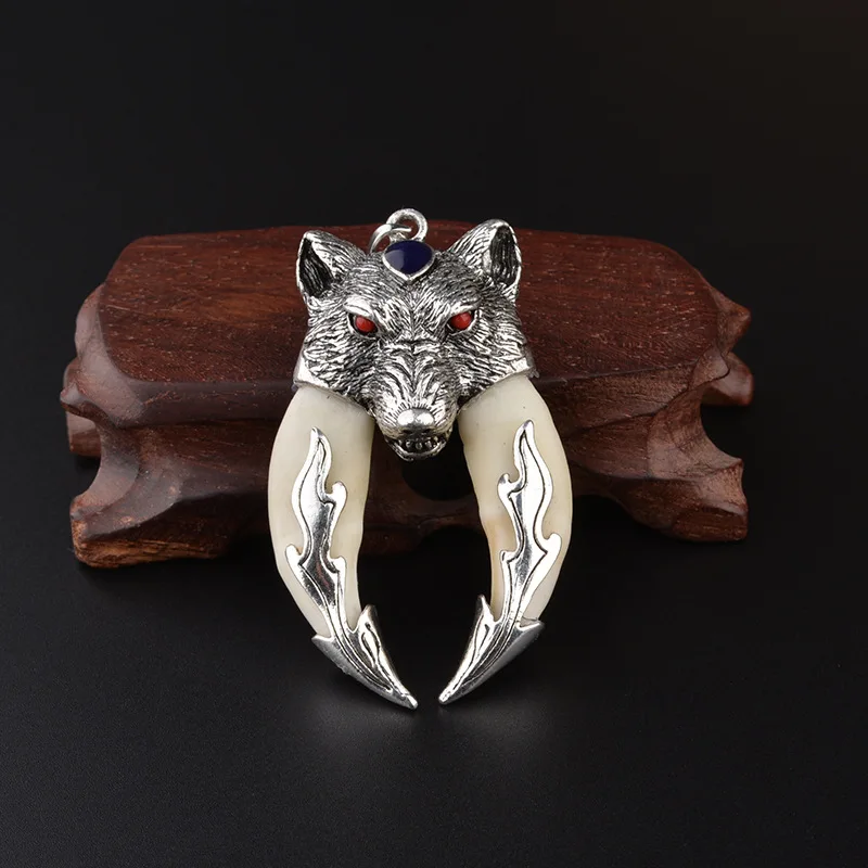 Antique Double Boar Tooth Silver Wolf Protective Talisman Pendant Necklace Gift 3