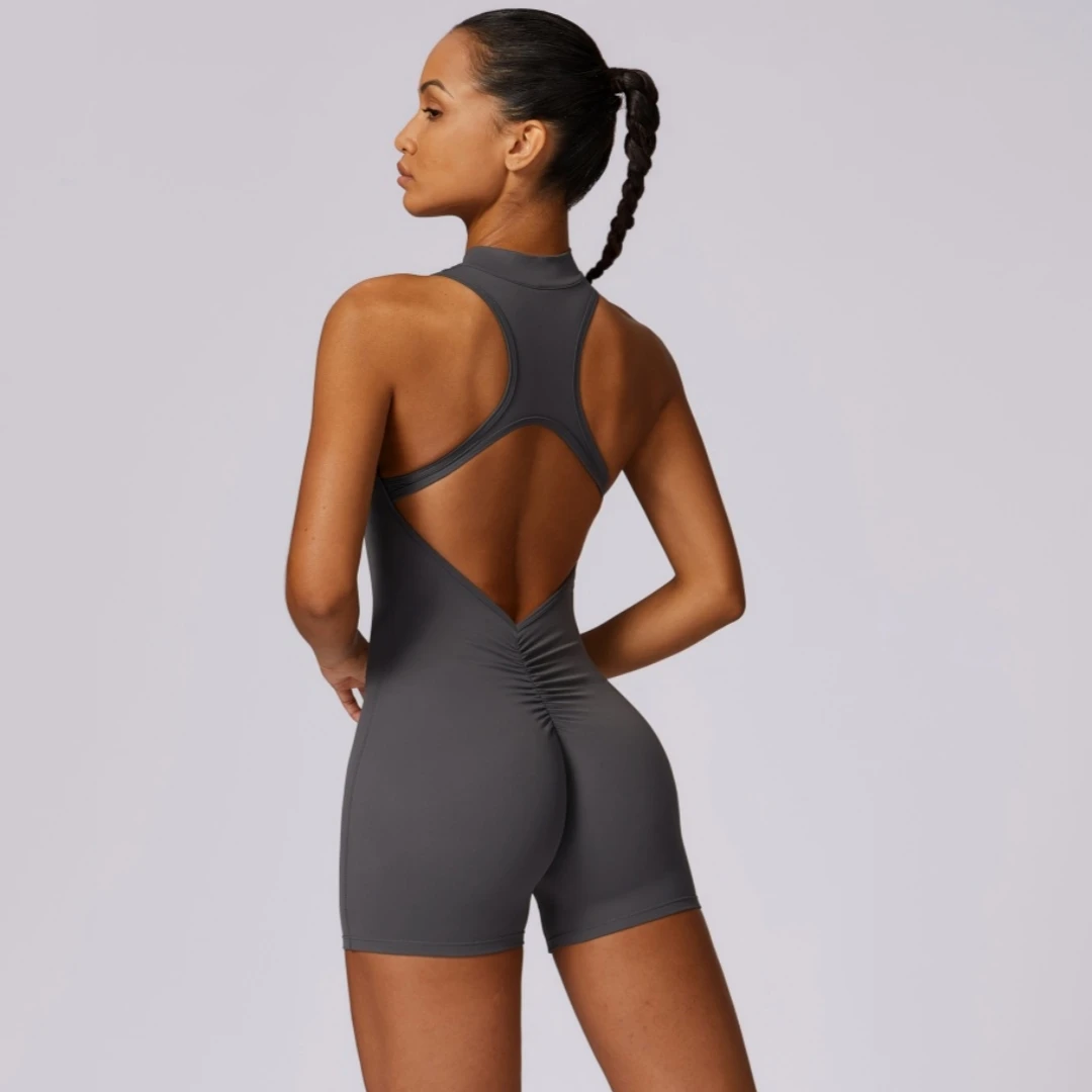 Clinch Open Collar Tight High Elastic Jumpsuit Shorts Yoga Clothes