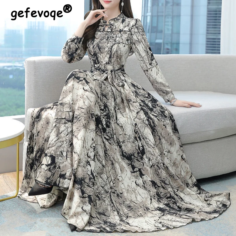 

Vintage Print Ruffle Lace Up Party Long Dresses for Women Autumn Fashion Long Sleeve Slim Big Swing Maxi Dress Elegante Vestidos