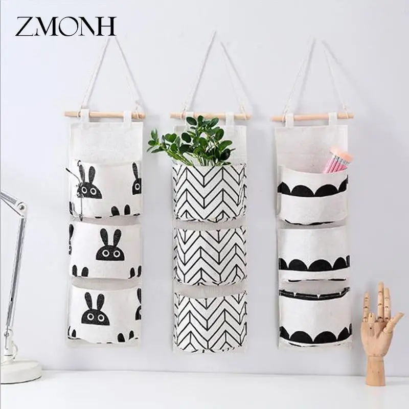 buitenste plak Eindig Zwart Wit Patroon Katoen Linnen Opknoping Opbergtas 3 Zakken Wandmontage  Garderobe Hang Zak Muur Pouch Cosmetische Speelgoed Organizer|Hang  organisers| - AliExpress