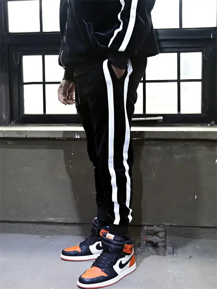 Big fashion men's new striped lace up legging trend casual pants men's and women's sports pants elastic waist