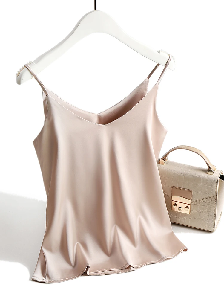 Spaghetti Strap Top Women Halter V Neck Basic White Cami Sleeveless Satin Silk Tank Tops Women'S Summer 2022 Camisole