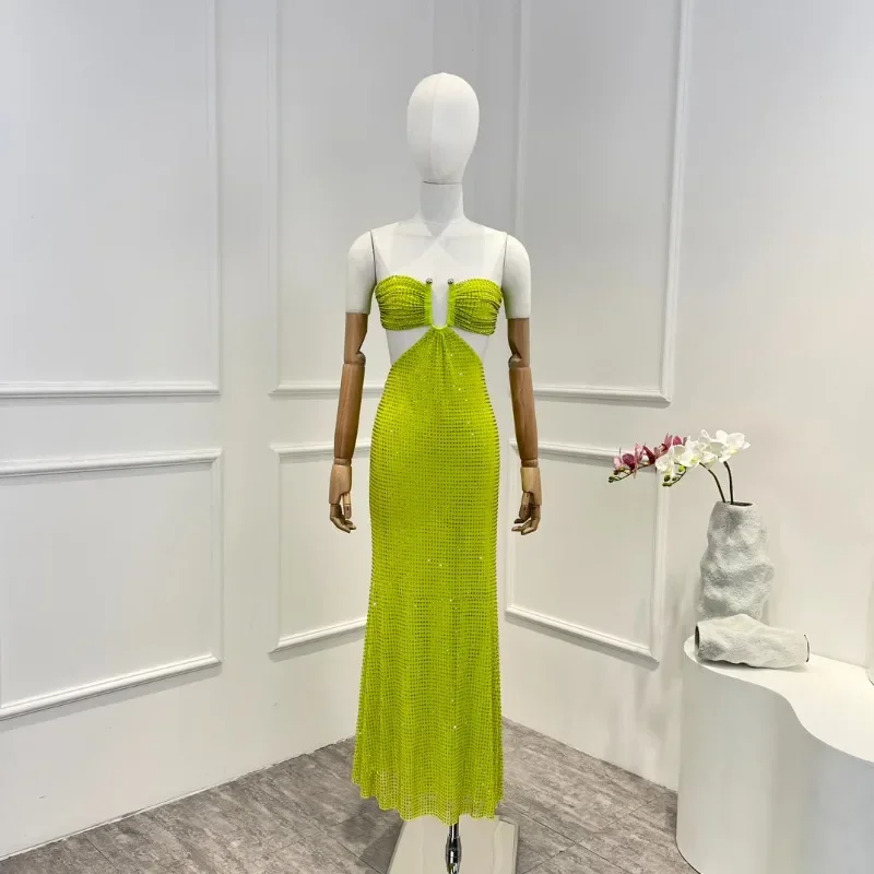 

Summer Sexy Cut Out Midi Camisole Dress Diamonds Green Vintage New 2024 Luxury Sleeveless Lace-up Woman Clothing
