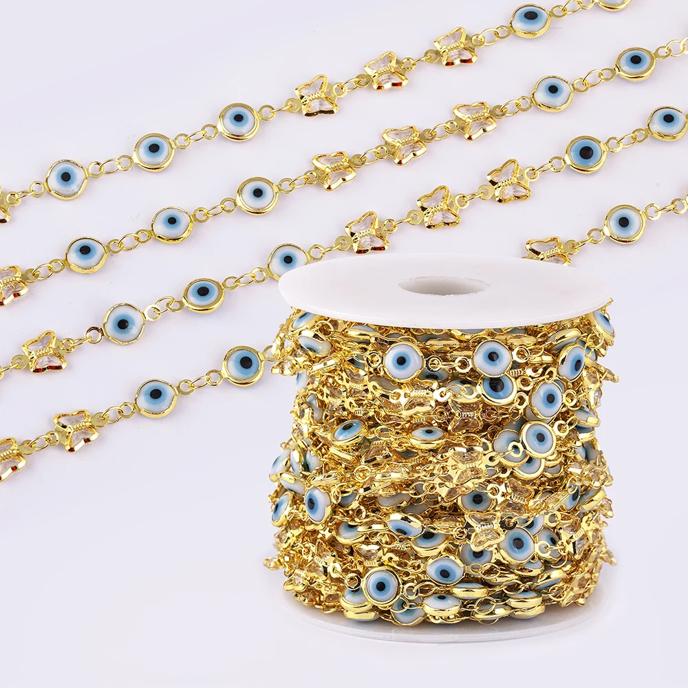 1 미터 구리 골드 컬러 체인 DIY 수제 목걸이 팔찌에 대한 터키어 화이트 블루 이블 눈 비즈 보석 결과 만들기