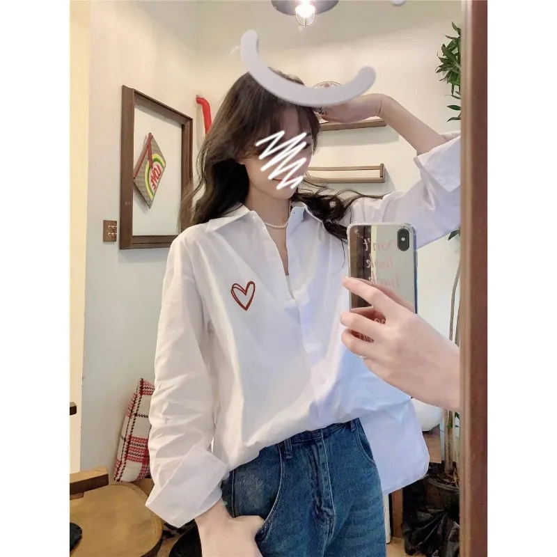 XEJ Chiffon Blouse for Women Women's Clothing Summer 2024 Silk Blouse WomenEmbroidered Love Shirt Women's Long Sleeve Top