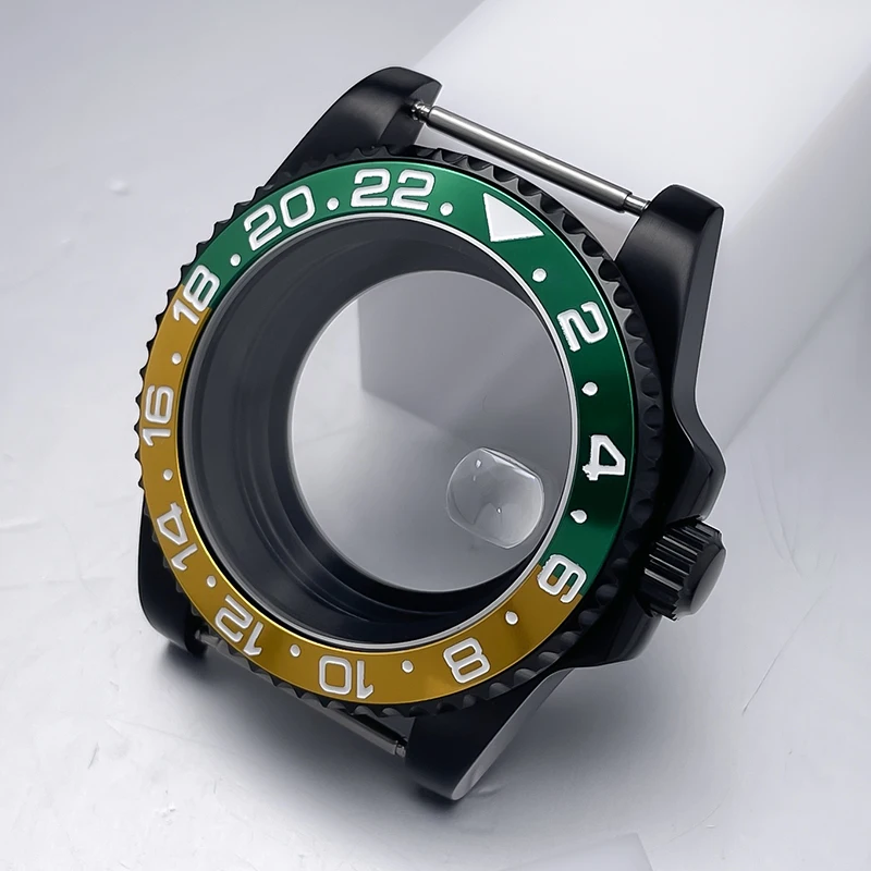 All-Black Sub Style Watch Case with Rubber Strap and Sapphire Crystal