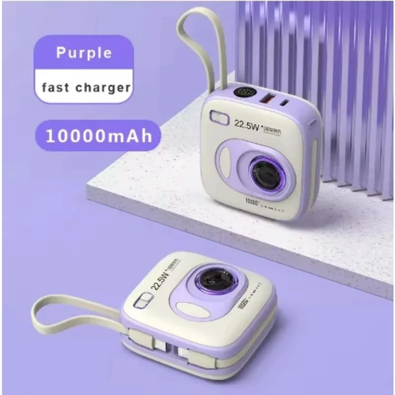 

10000mAh Mini Portable Power Bank Built-in Two Cables Fast Charging Travel Available External Battery Pack for IPhone Android