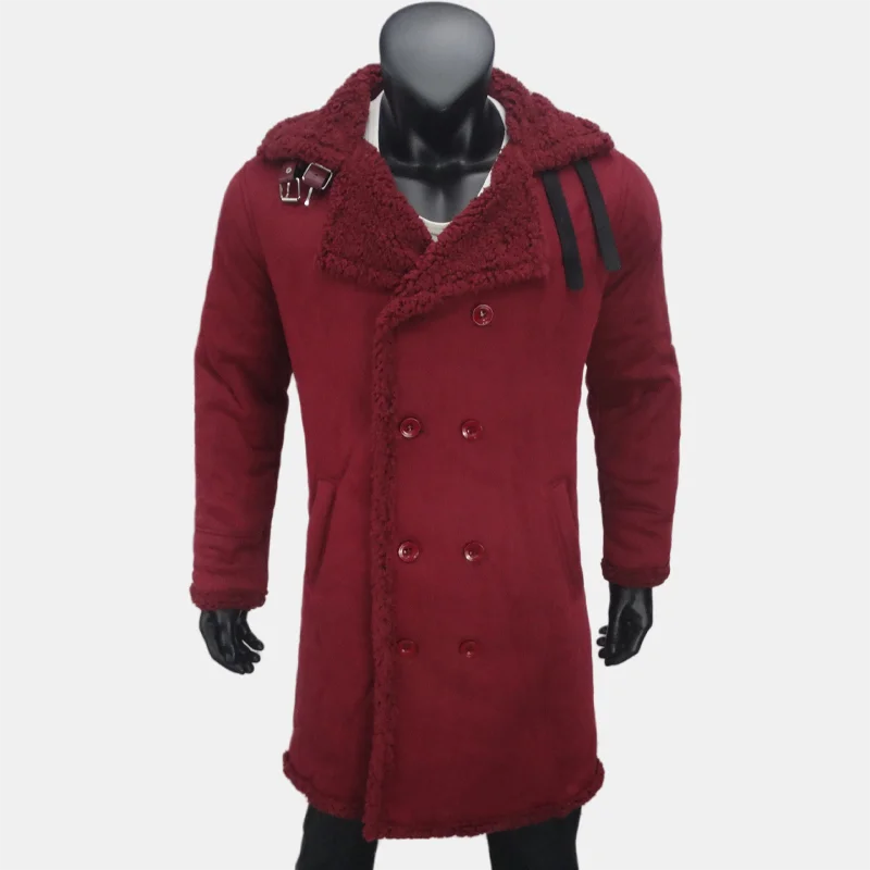 Winter Men's Long Trench Fleece Suede Faux Fur Double Breasted Coat Jacket S-5XL