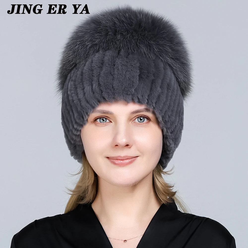 

JINGERYA Knitted Hat Women Natural Fur Rex Rabbit Floral Cap Genuine Fur Fluffy Stylish Female Bonnets