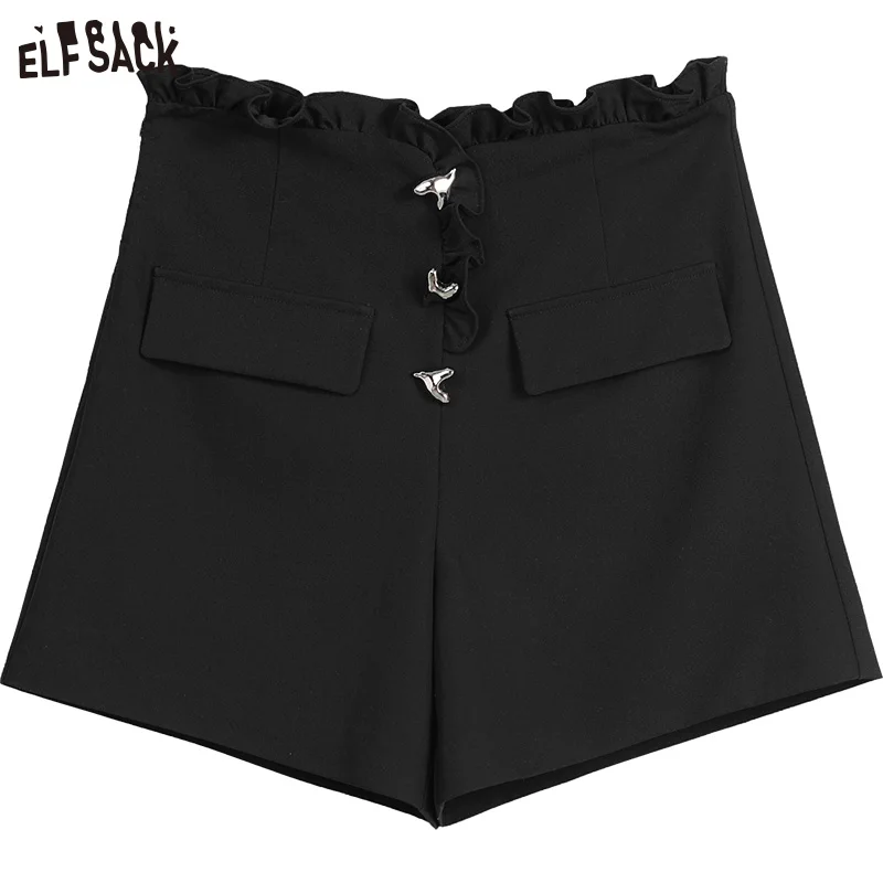 ELFSACK Black Ruffles High Waist Shorts Woman 2023 Spring/Summer New Casual Daily Bottoms