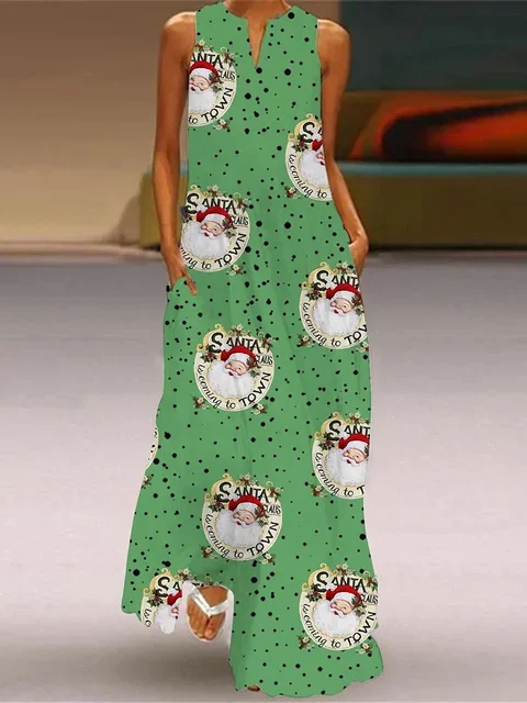 Fashion Christmas Long Dresses Women Cartoon Christmas Santa Claus Pattern Print Long Dress Robe Sexy V-neck Sleeveless Vestidos