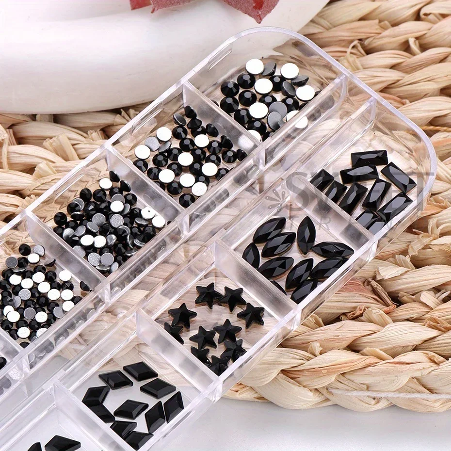 12Grid Black Glass Crystal Nail Rhinestones Flatback Odd Shaped Diamond Star Square Design Jewelry With Tweezers Decor Accessory