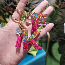 Colorful Letter Keychain Pendant Glitter Sequin Resin Key Chain Tassel Charms With Ball Keyring Jewelry For Women Bag Ornaments