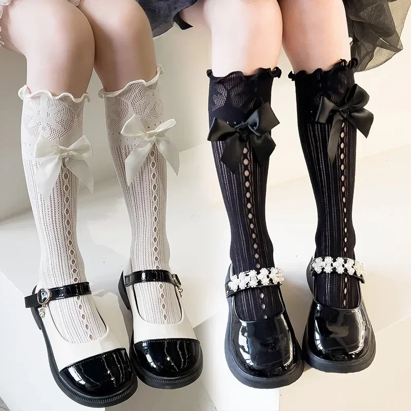 White Black Frilly JK Lolita Socks for Girls Pricess Bow Knee High Sock for Children Spring Summer Mesh Fishnet Kids Calf Sock