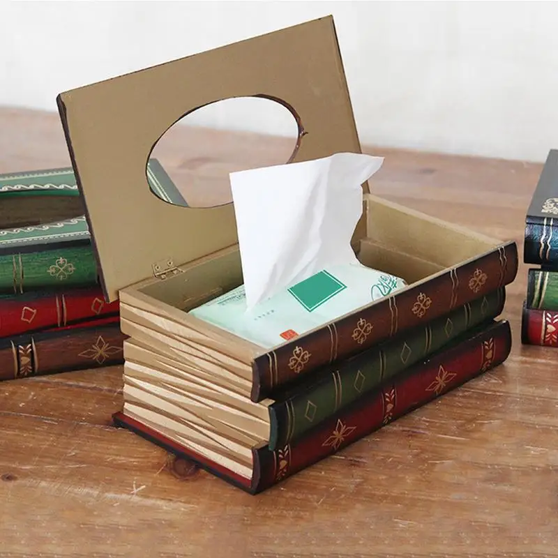 Retro Wood Book Shape Tissue Box Rectangle Napkin Paper Holder Storage Case Tissue Holder Container Home Living Room Decoration 2