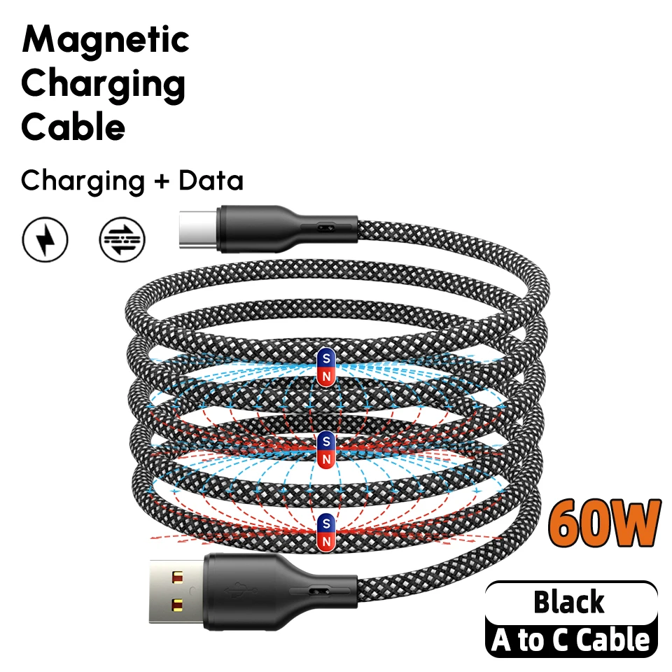 High-Power Anti-Tangle Braided USB-C Magnetic Cable – 100W/60W/27W