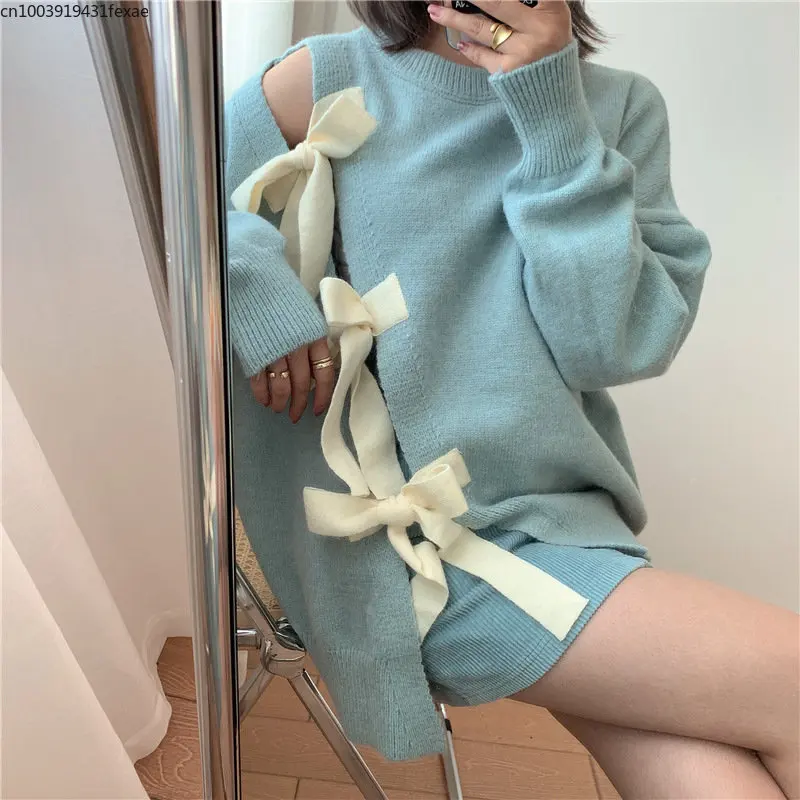 

Newest Autumn Korean Style Sweater Women Casual Bow Tie Hollow-out Split Sweaters Long Sleeve Pullover Solid Knitted Tops Cute