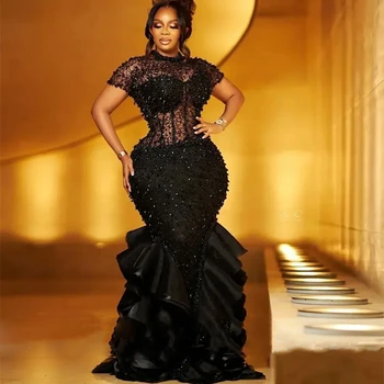 Black Beading Mermaid Evening Dresses Pearl Sequin Tiered Elegant Black Girl Wedding Birthday Party Prom Gown Vestido Customized 1