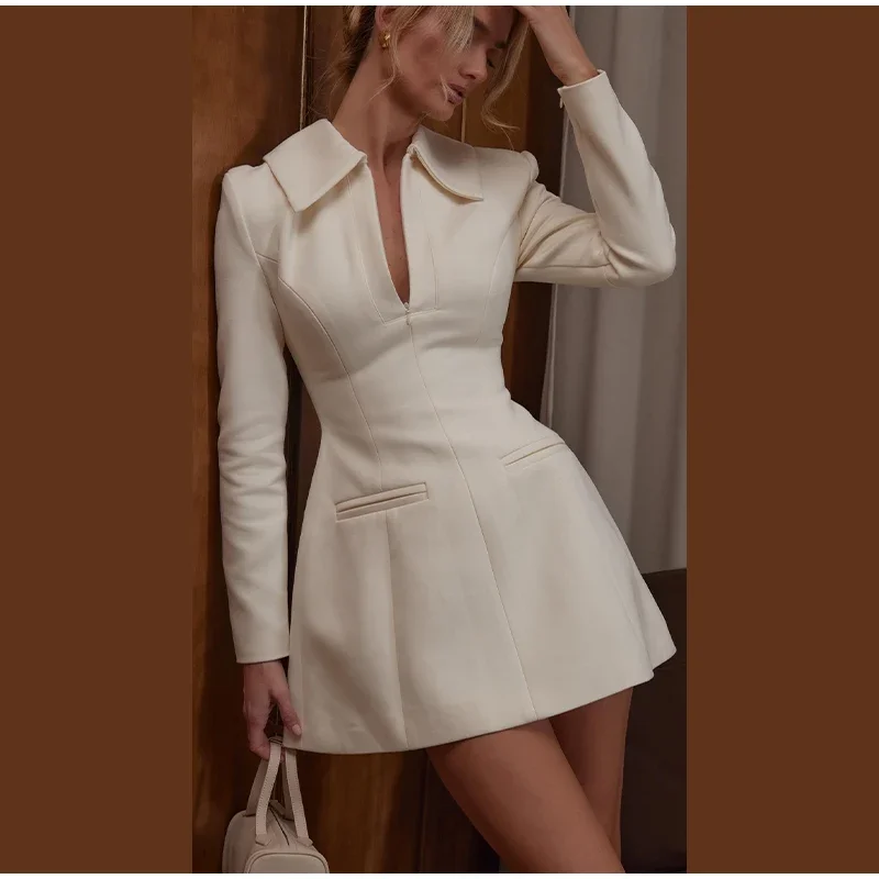 Damen Blazer-Minikleid Elegant mit Reverskragen Reißverschluss Langarm Hohe Taille Schlanke Kleider 2026 Frühling Büro Casual Party Vestidos – Detail 1