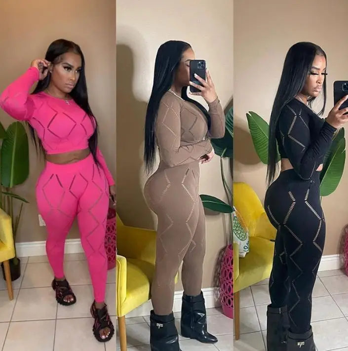 

Women Tight Pants Sets 2023 Spring Summer Long Sleeve Hollow-out Sport Tops Joggers Stripes Slim Fitness Trousers Two Pieces Set