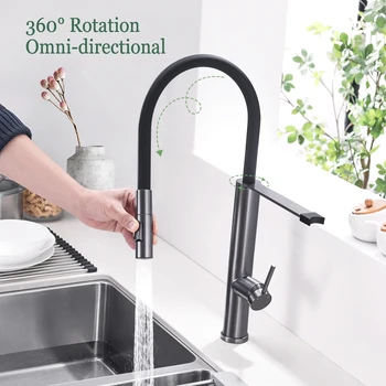 ก๊อกน้ําห้องครัว Gunmetal ยืดหยุ่นดึงหัวฉีดน้ําอ่างล้างจาน TAP Stream Sprayer หัวดาดฟ้าสีดําร้อนน้ําเย็น 2