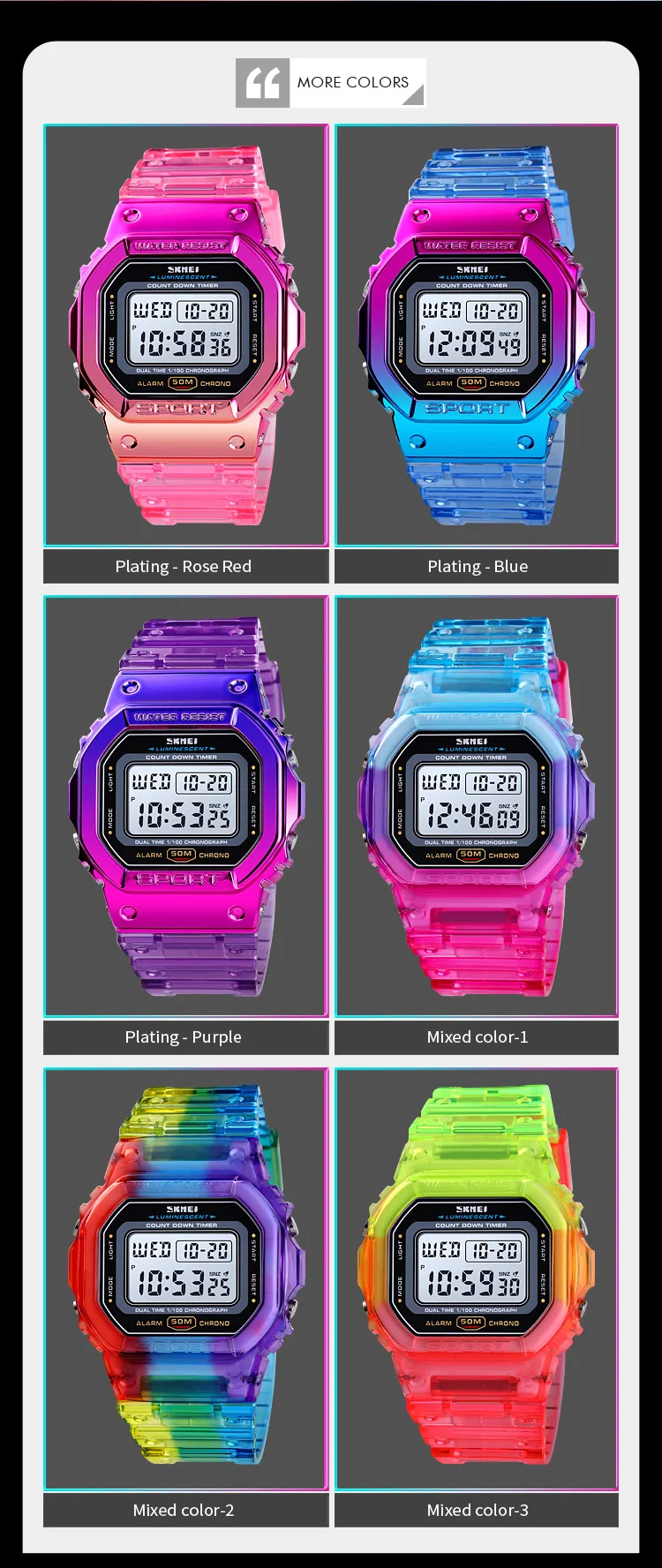 SKMEI 1622 Damen-Digitalarmbanduhr, galvanisiertes Gehäuse, stoßfest, Reloj Mujer, transparentes Armband, coole Damenuhren für Mädchen, 1999_voghion.com