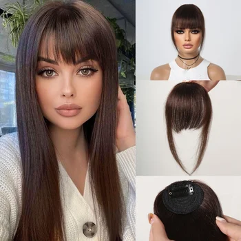 100% Human Hair Clip-In Bangs Blunt Cut Wispy Fringe with Sideburns Dark Brown Natural Look for Women Daily Party Wear